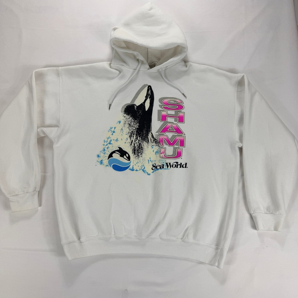 SeaWorld Shamu Graphic Hoodie White Vintage 90s Santee Sweats XL USA